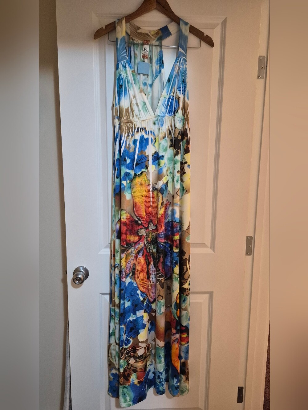 Vibrant Floral Maxi Dress in Blue & Multi with Jewels